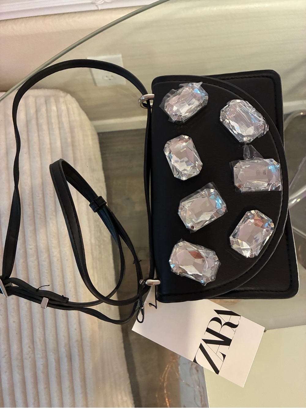 Zara Black Crossbody Bag with Oversized Crystal Accents